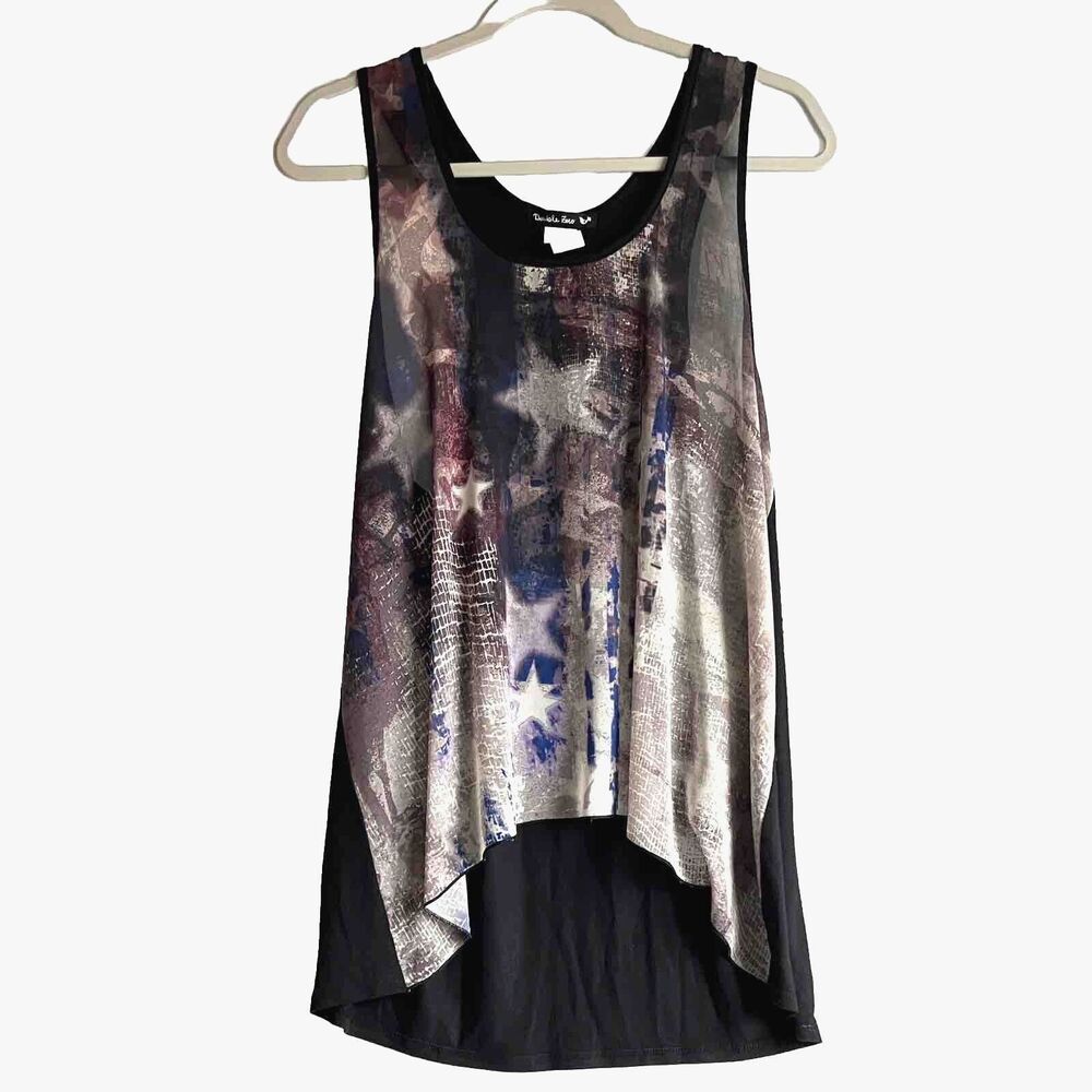 Double Zero Tank Top Womens Large Sheer High Low Hem American Flag Design USA